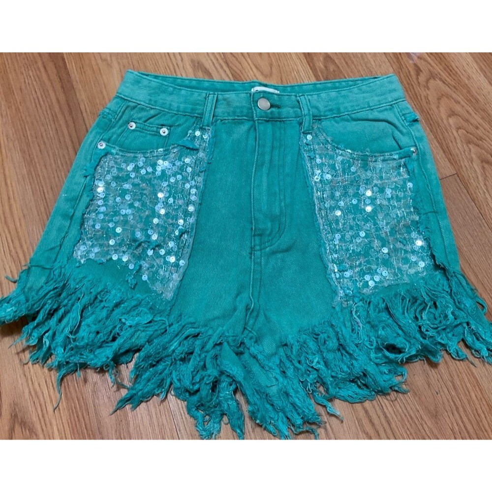 Pol shorts POL Jean shorts green jeans sequins sequined shorts fringe shorts NEW